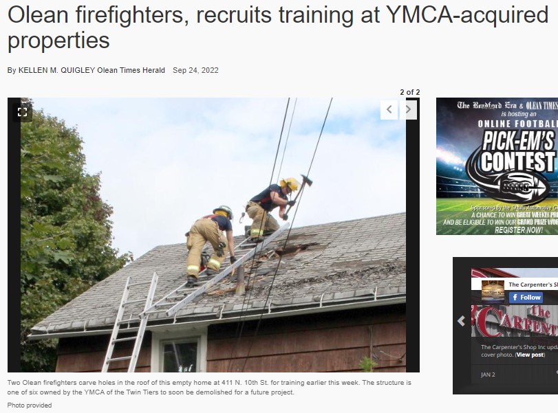 firefighters training on old house roof